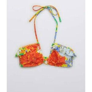 Aerie Swim Womens Tropical Floral Ruffle Halter Bikini Top Size S Resort Cruise